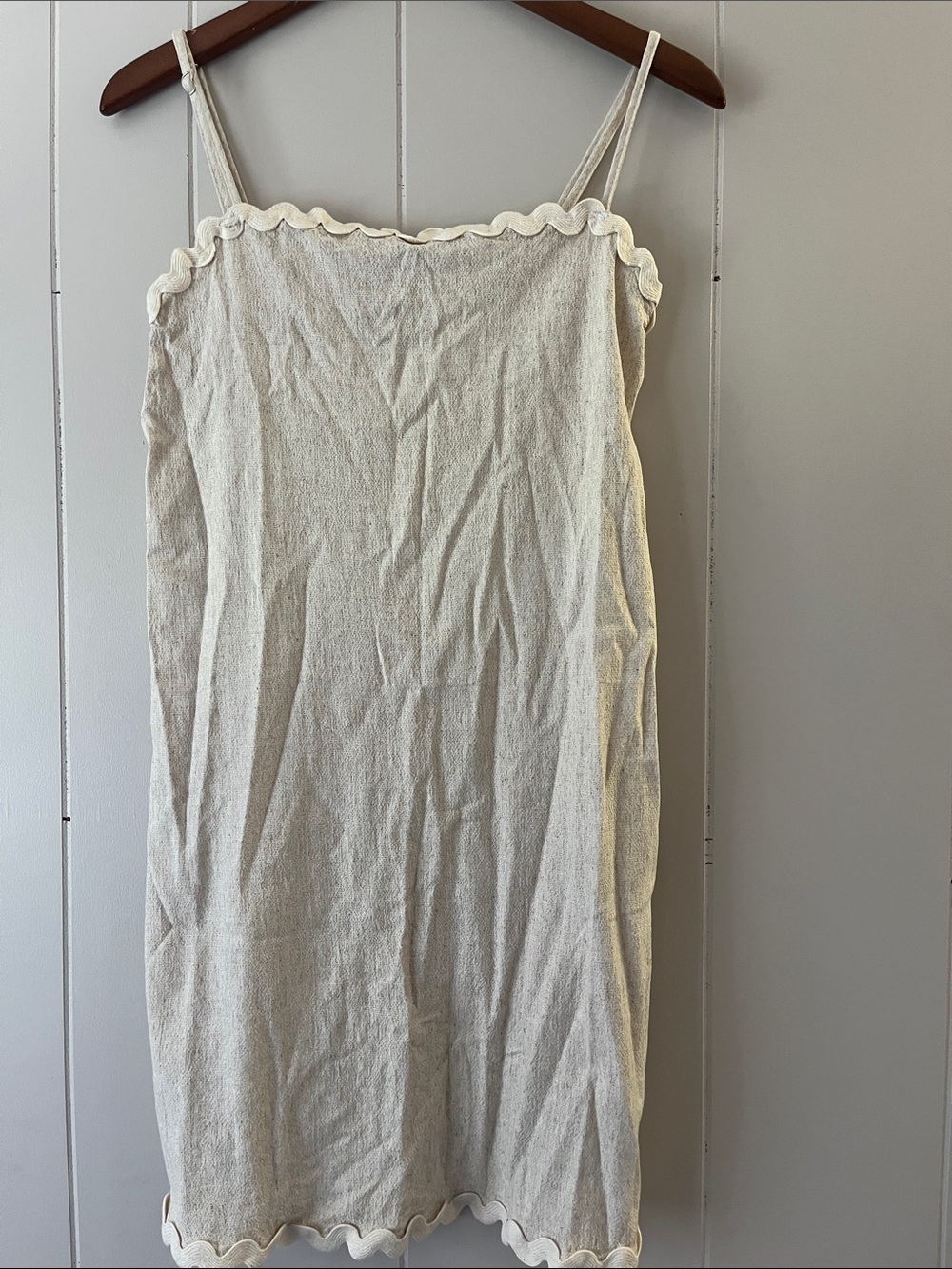 Scallop Trim Cream Linen-Blend Slip Dress